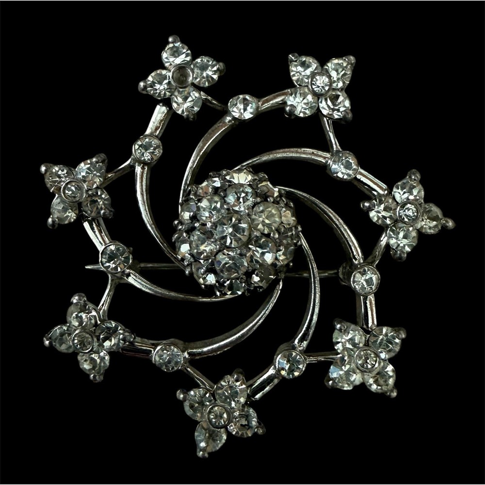 Vintage PENNINO 1940's Sterling Silver Crystal Pinwheel Design BROOCH 1.75"